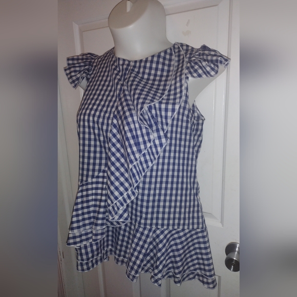 🆕Aomei Women's Top Sleeveless Blue Plaid Blouse Vintage Ruffle Trim Sz XL NWOT - Picture 2 of 9